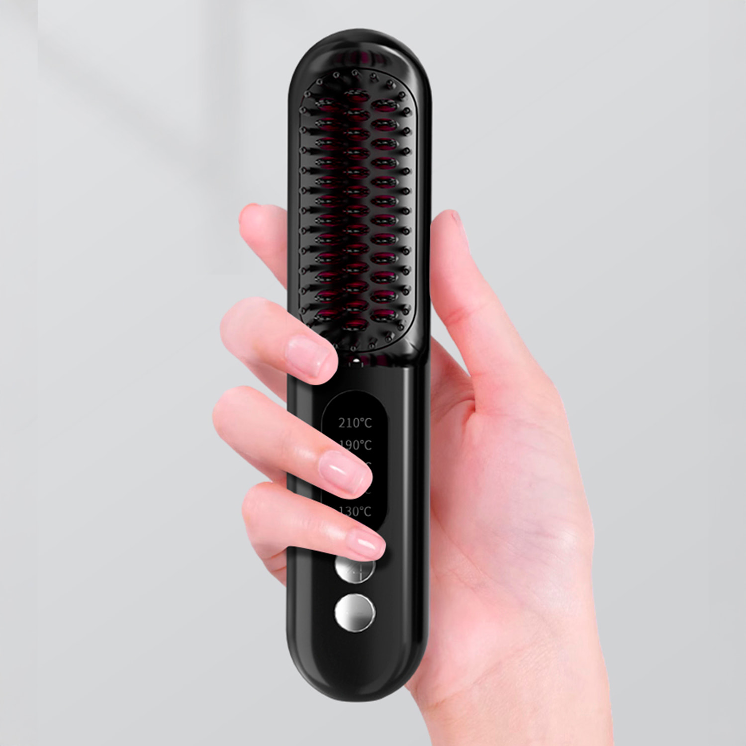 Cepillo eléctrico alisador de iones negativos con 5 ajustes de temperatura de 130 °C a 210 °C.