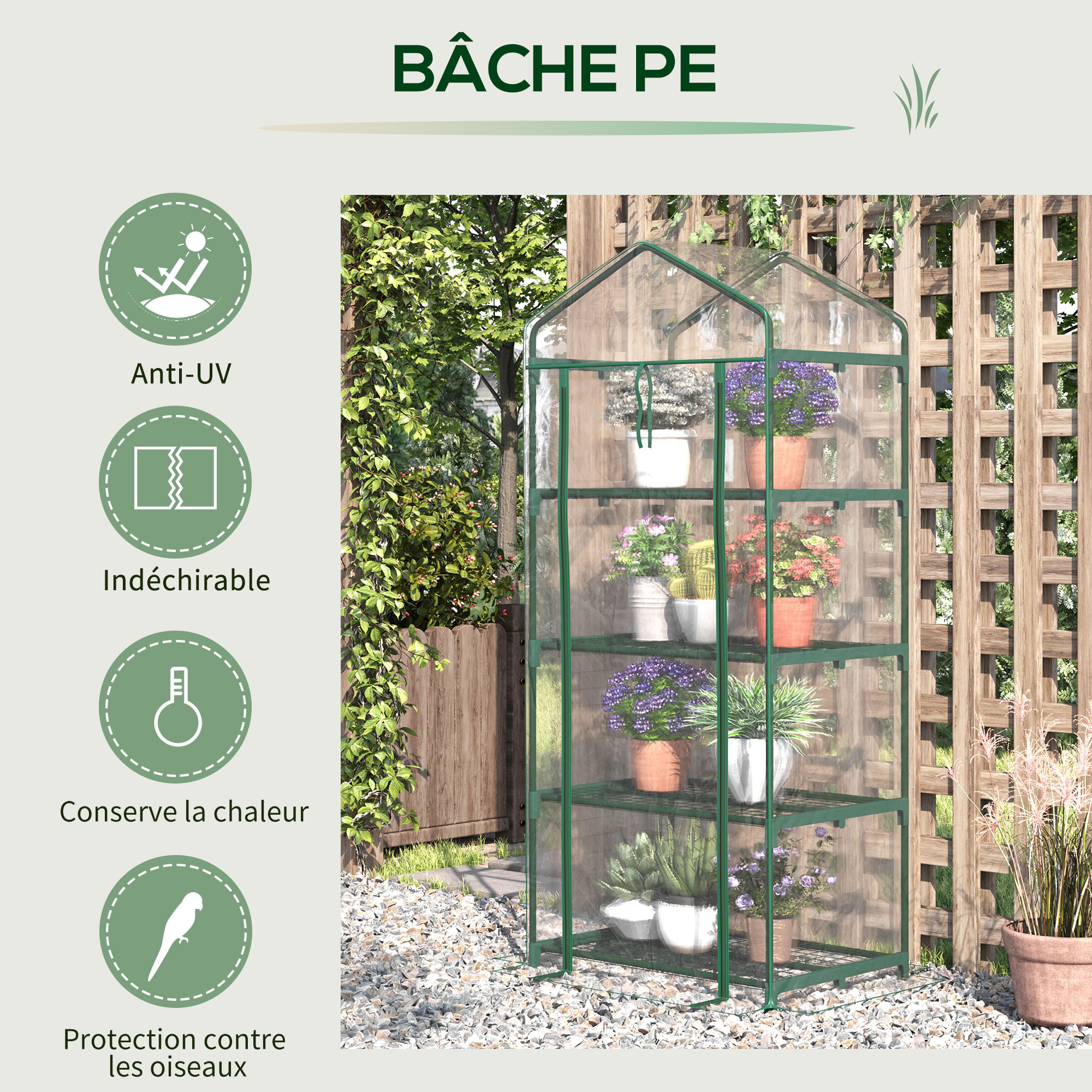 Serre de jardin balcon étagère serre 4 niveaux 0,7L x 0,5l x 1,6H m acier époxy bâche amovible PVC haute densité transparente