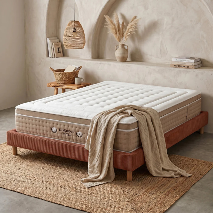 Ensemble matelas Bali & sommier Cancun | Mémoire de forme et ressorts ensachés | Cadre à lattes | Velours côtelé | Terracotta