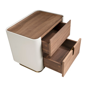 Mesita de noche con estructura de madera chapada en nogal natural y madera MDF lacada en beige base de acero inoxidable pulido en dorado 60x42x50cm