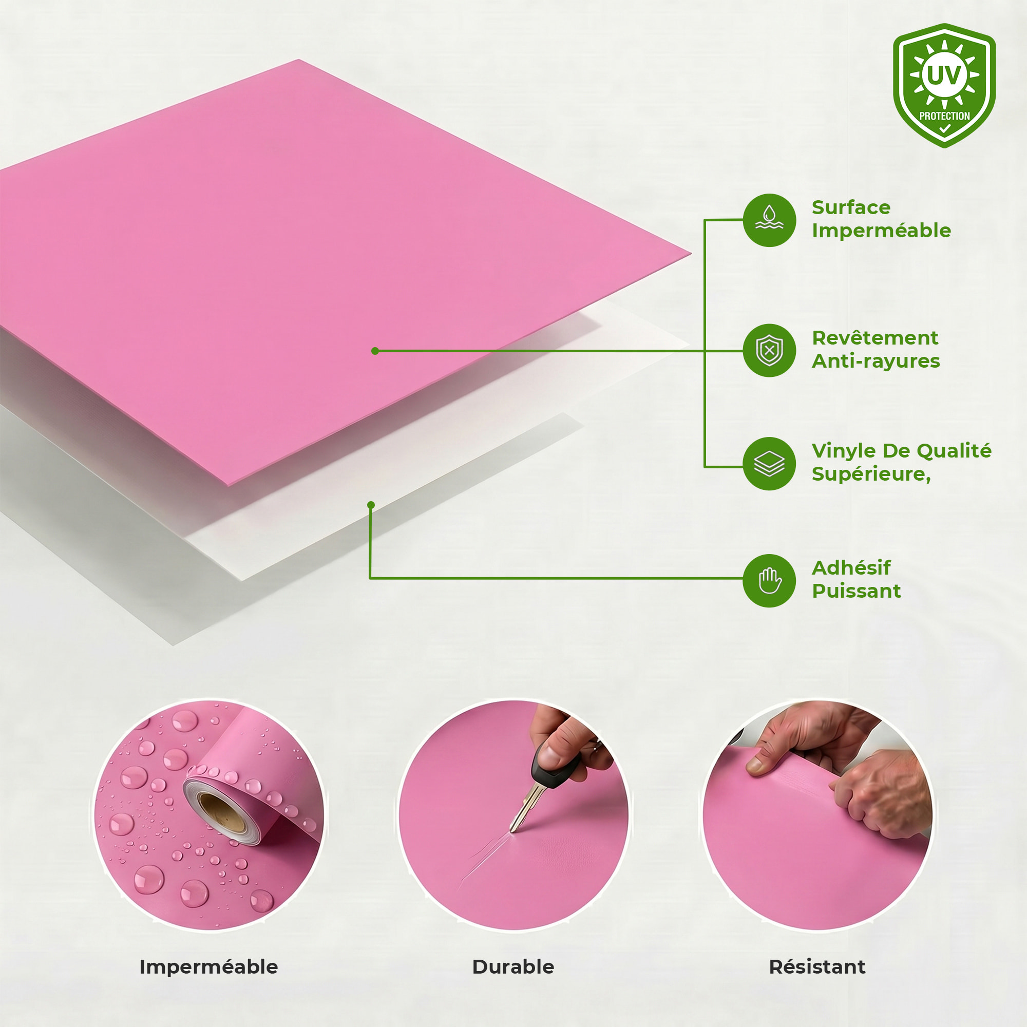 Rouleau adhésif décoratif Vinyle au Mètre - Rose - Sticker Lavable Imperméable Mur Cuisine Meubles