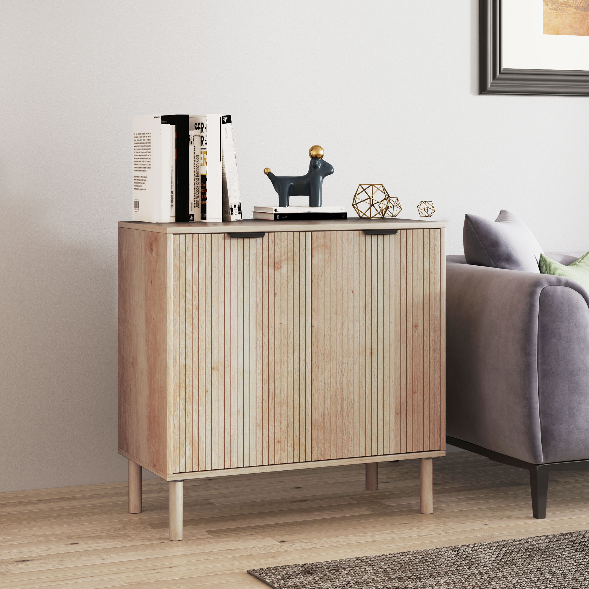 Aparador de Salón Aparador con Estante Ajustable 2 Puertas Sistema Anti-vuelco y Patas de Madera de Pino para Comedor Pasillo 78x40x77,5 cm Roble
