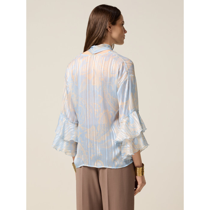 Oltre - Blusa in georgette con volant - Azzurro