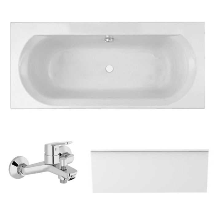 Pack baignoire droite 180 x 80 Elise + tablier en niche + mitigeur bain douche mural Aimé chromé + vidage