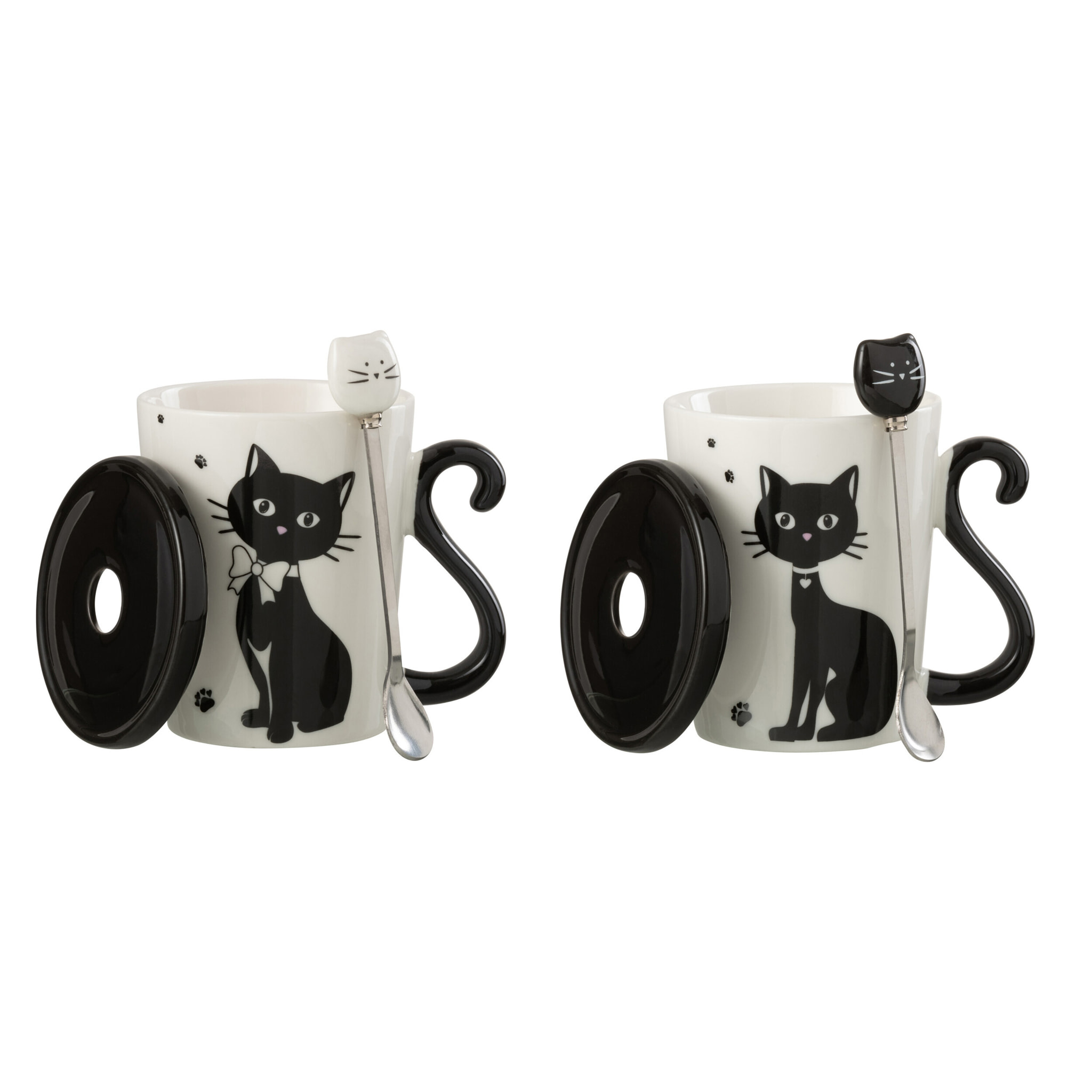 J-Line tasse Imprime Chat + Couvercle + Cuillère - porcelaine - blanc/noir - 2 pcs