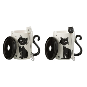 J-Line tasse Imprime Chat + Couvercle + Cuillère - porcelaine - blanc/noir - 2 pcs