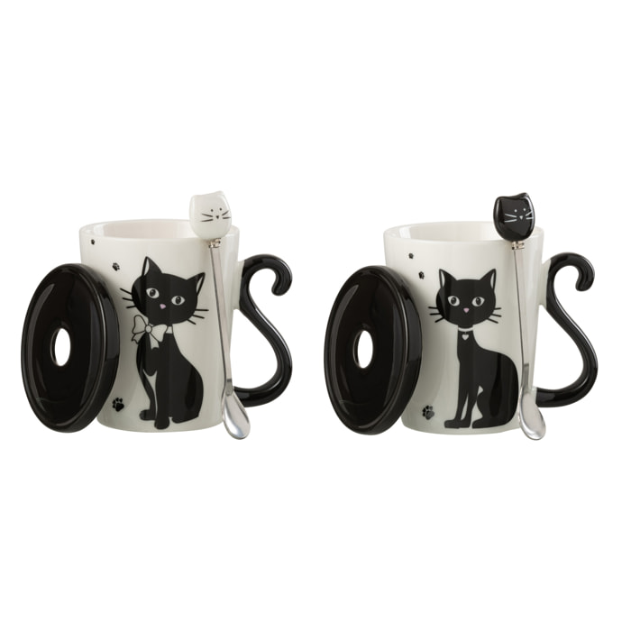 J-Line tasse Imprime Chat + Couvercle + Cuillère - porcelaine - blanc/noir - 2 pcs