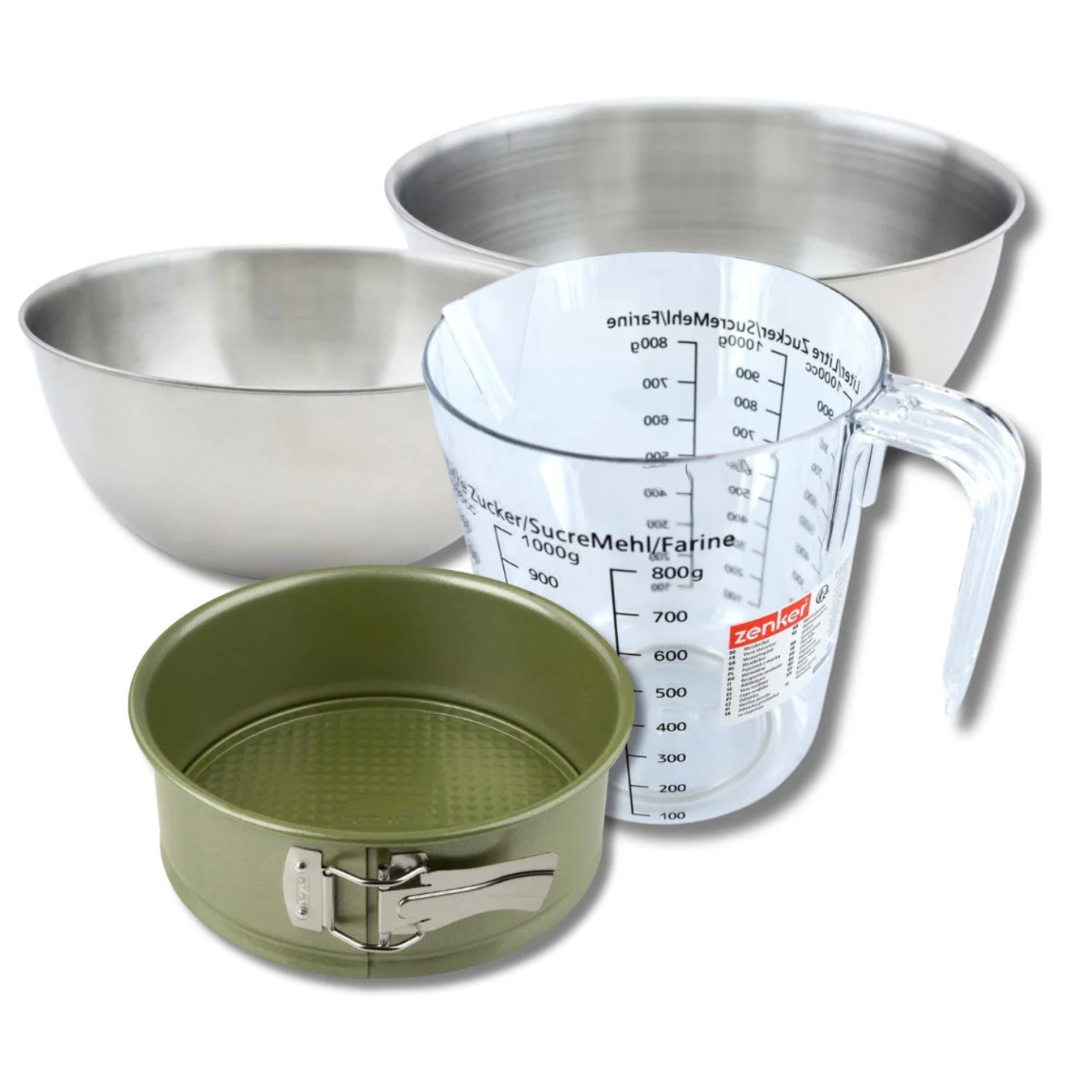 Set pâtisserie avec moule à manqué revêtement cire de carnauba, 2 bols à mixer, verre mesureur et spatule Zenker