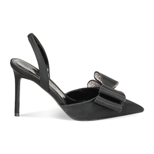 Décolleté slingback nera in raso, tacco 9,5 cm