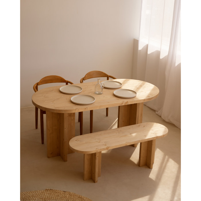 Pack table à manger ovale et banc en bois massif ton chêne moyen en différentes tailles