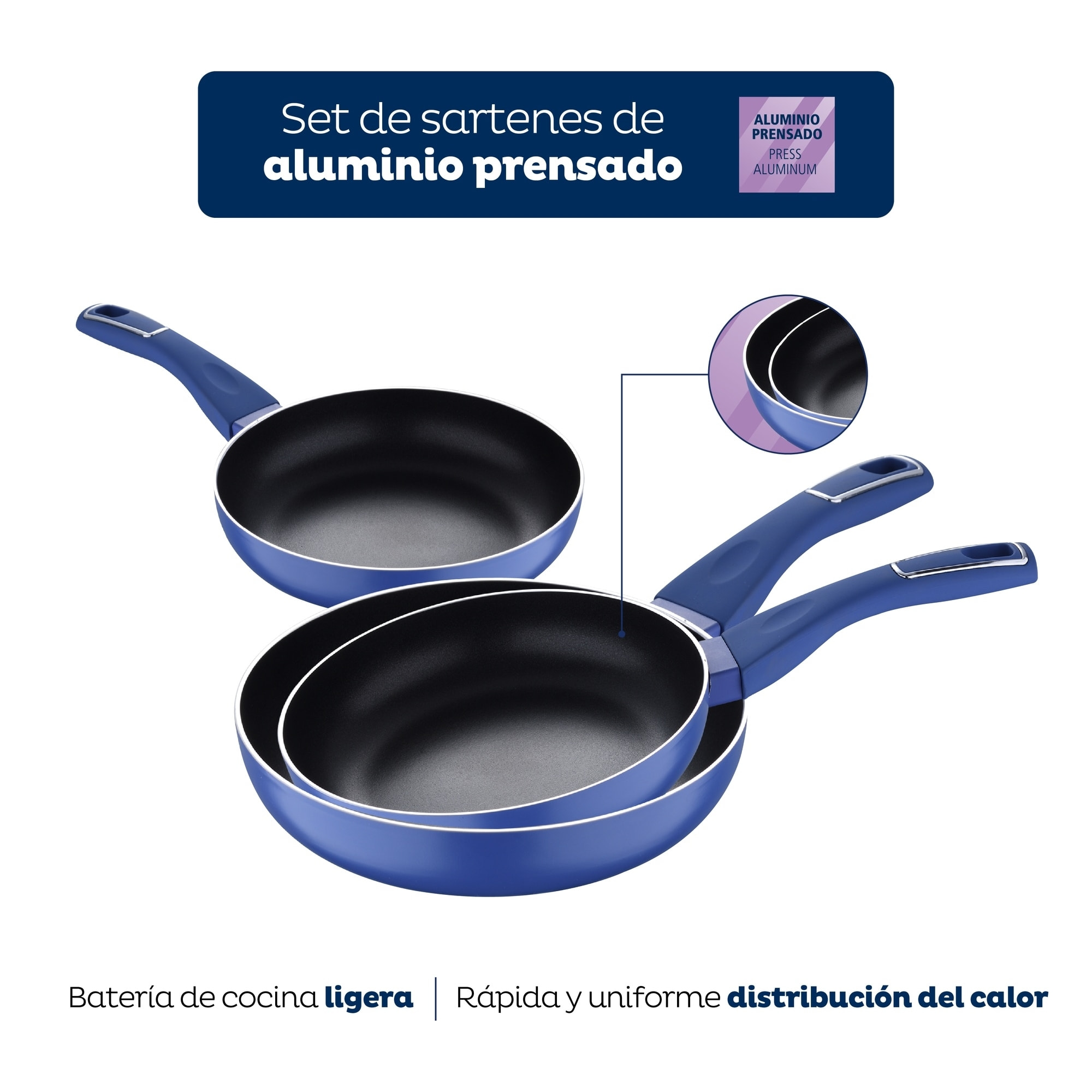 Set 3pc sartenes (20+24+28cm) c/3pc tools aluminio prensado ind azul land indigo