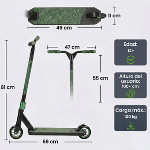 Scooter Acrobático, Scooter Freestyle con Manillar 360°, Rodamientos ABEC-9, Ruedas de PU de 120 mm, Marco de Aluminio Acero, Antideslizante, para Adolescentes, Adultos para Skatepark, Verde