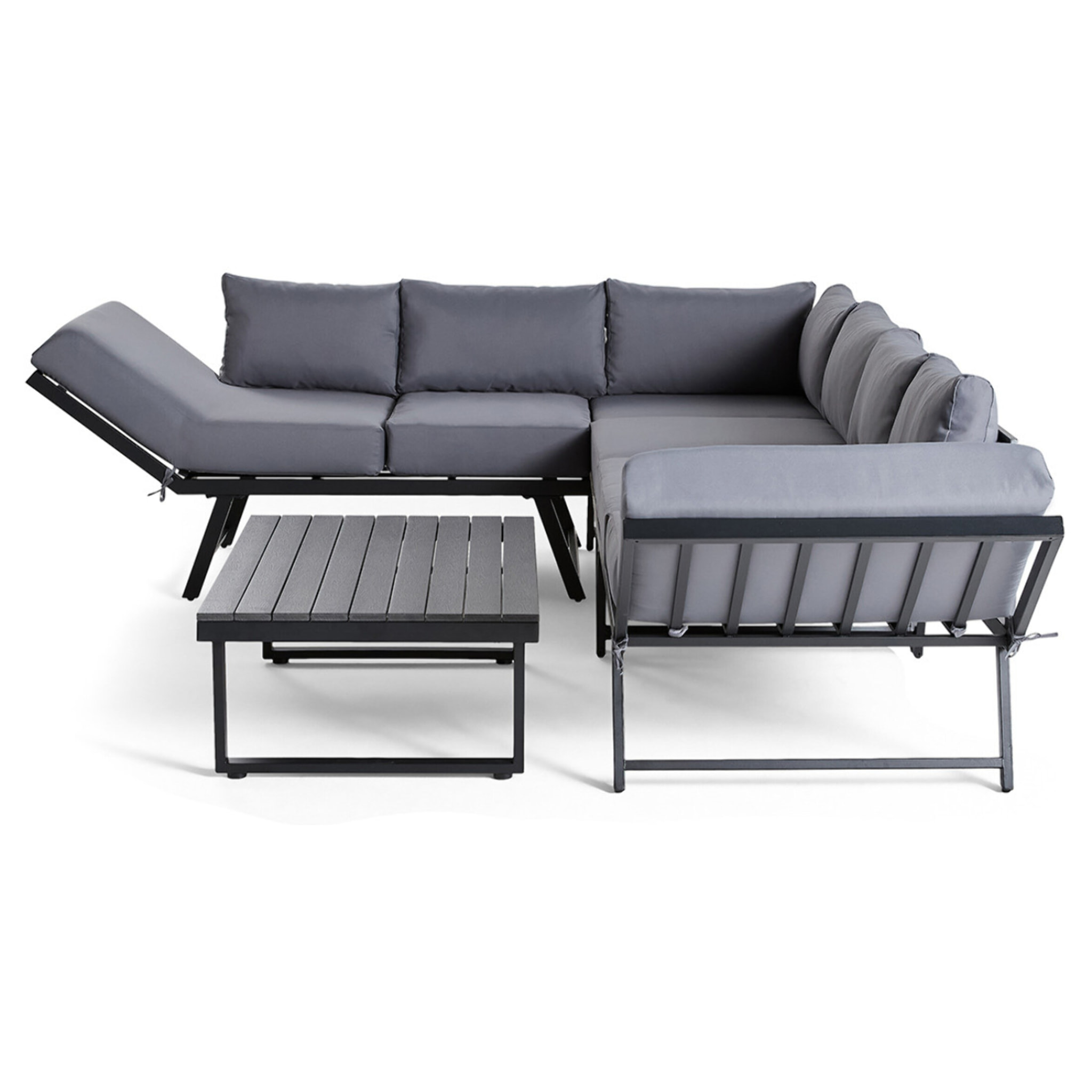 Konna - salon de jardin d'angle en acier noir - 5 places - coussin gris et table incluse - Noir / Gris