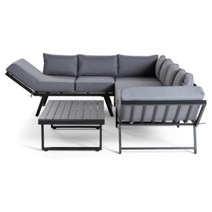 Konna - salon de jardin d'angle en acier noir - 5 places - coussin gris et table incluse - Noir / Gris