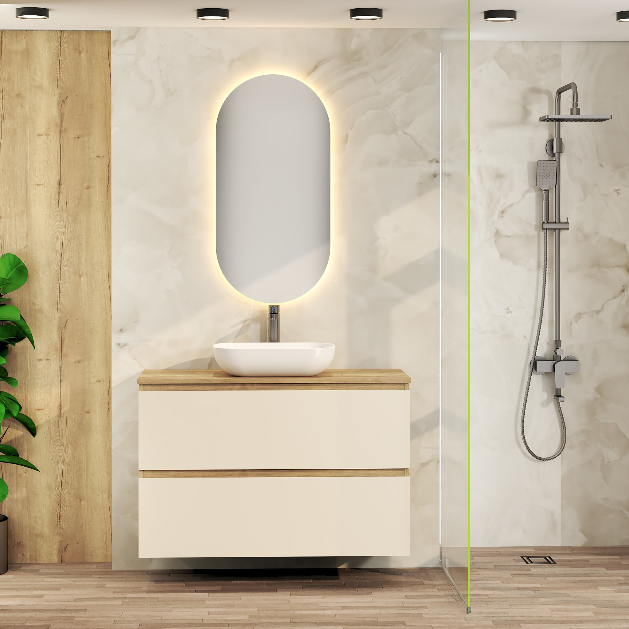 ENSEMBLE DE SALLE DE BAIN NIA | MEUBLE SUSPENDU | 100 CM GLACIER | DEUX TIROIRS |LAVABO SUR PLAN | MIROIR NON INCLUS | MEUBLE MONTÉ | ALDAY