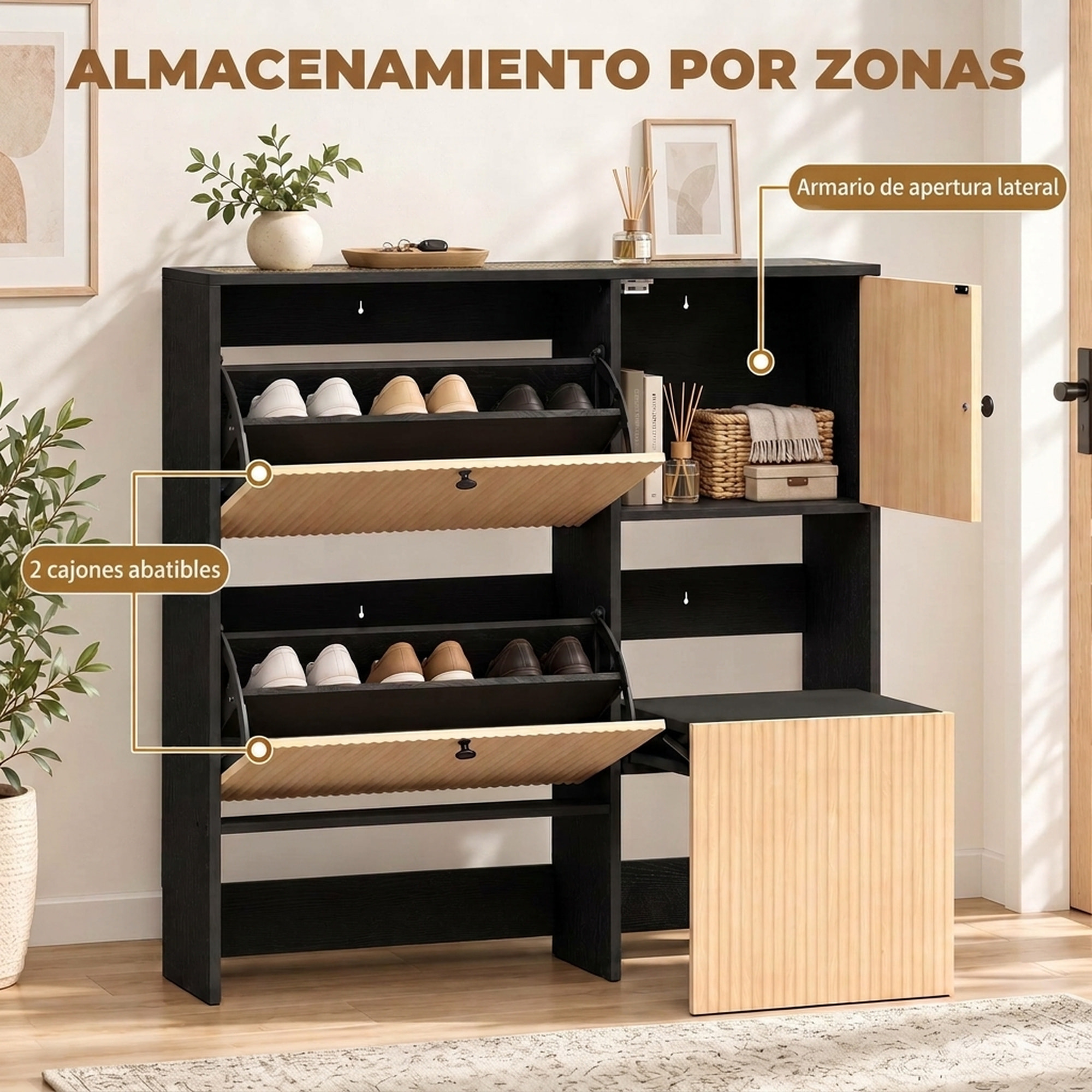 HOMCOM Zapatero Estrecho con 2 Cajones Abatibles, Armario, Taburete Oculto, Mueble Zapatero Moderno con Estantes Ajustables, para 8-10 Pares de Zapatos, para Pasillos, Entradas, 100x23,8x100 cm, Roble