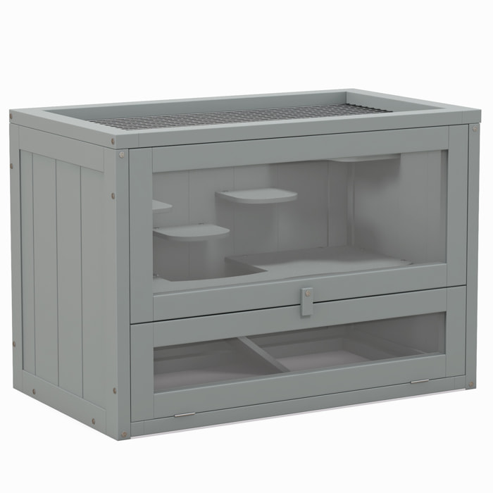 Jaula para Hámster de Madera de 2 Niveles Casa para Animales Pequeños con Plataformas Escaleras 60x35x42 cm Gris