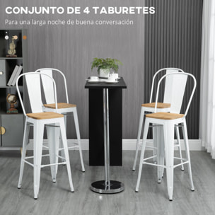 Juego de 4 Taburetes Altos de Cocina Apilables con Respaldo Alto Taburetes de Bar con Reposapiés Asiento de Madera y Marco de Acero Carga 120 kg 44x53x116 cm Blanco