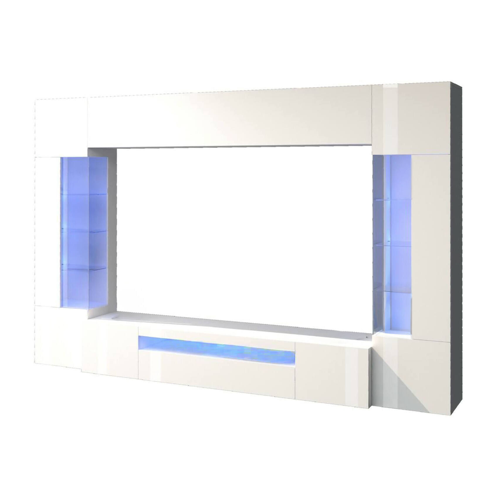 Parete attrezzata Clementino, Set salotto porta TV a 6 ante, Mobile soggiorno multiuso con luce LED, 100% Made in Italy, cm 290x40h191, Bianco lucido