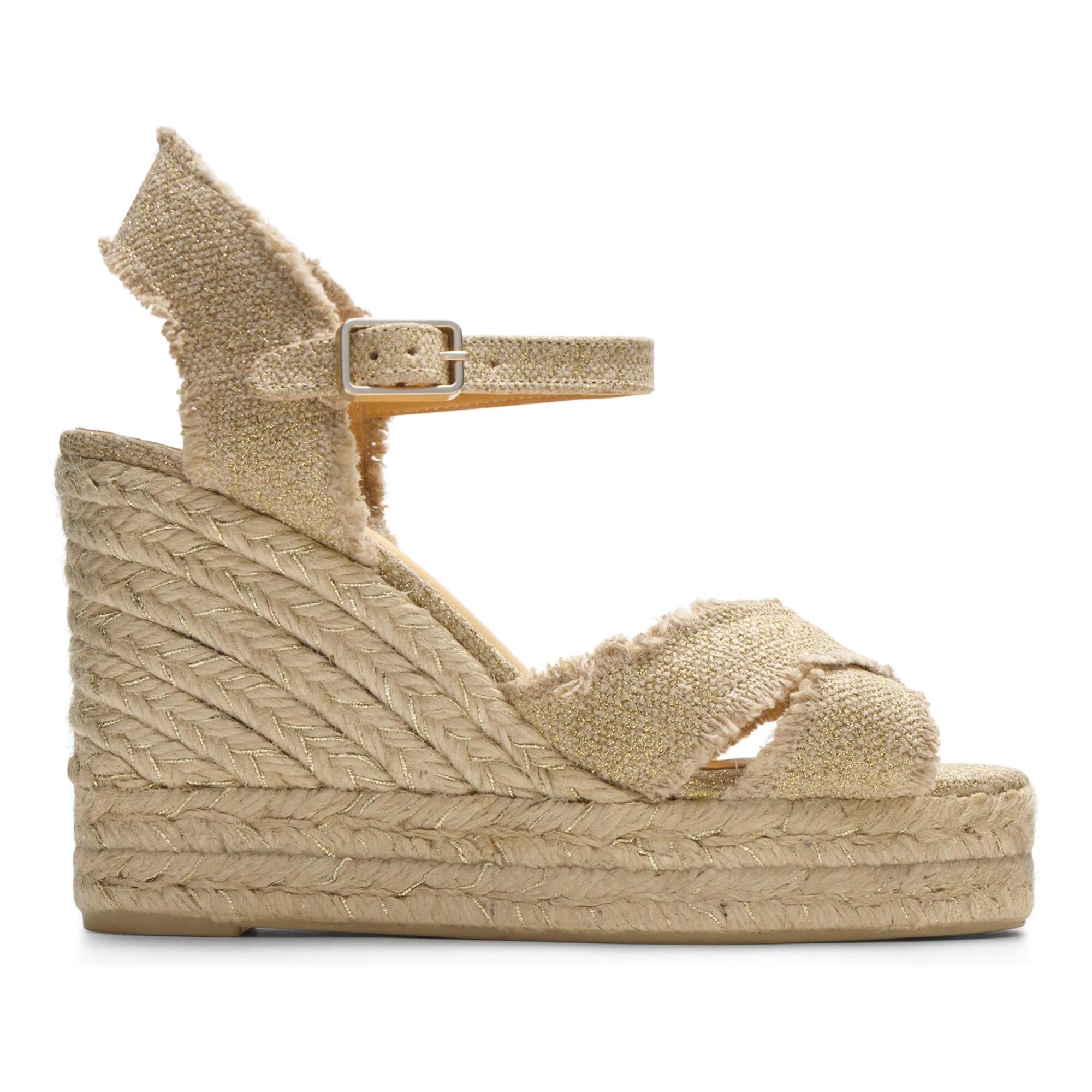 Sandalia de cuña Bromelia en lino metalizado con cierre de pulsera
