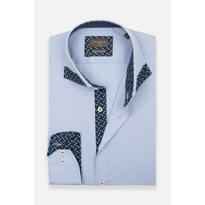 Camicia Uomo 1 Bottone Francese Slim Popeline Stretch Unito Celeste