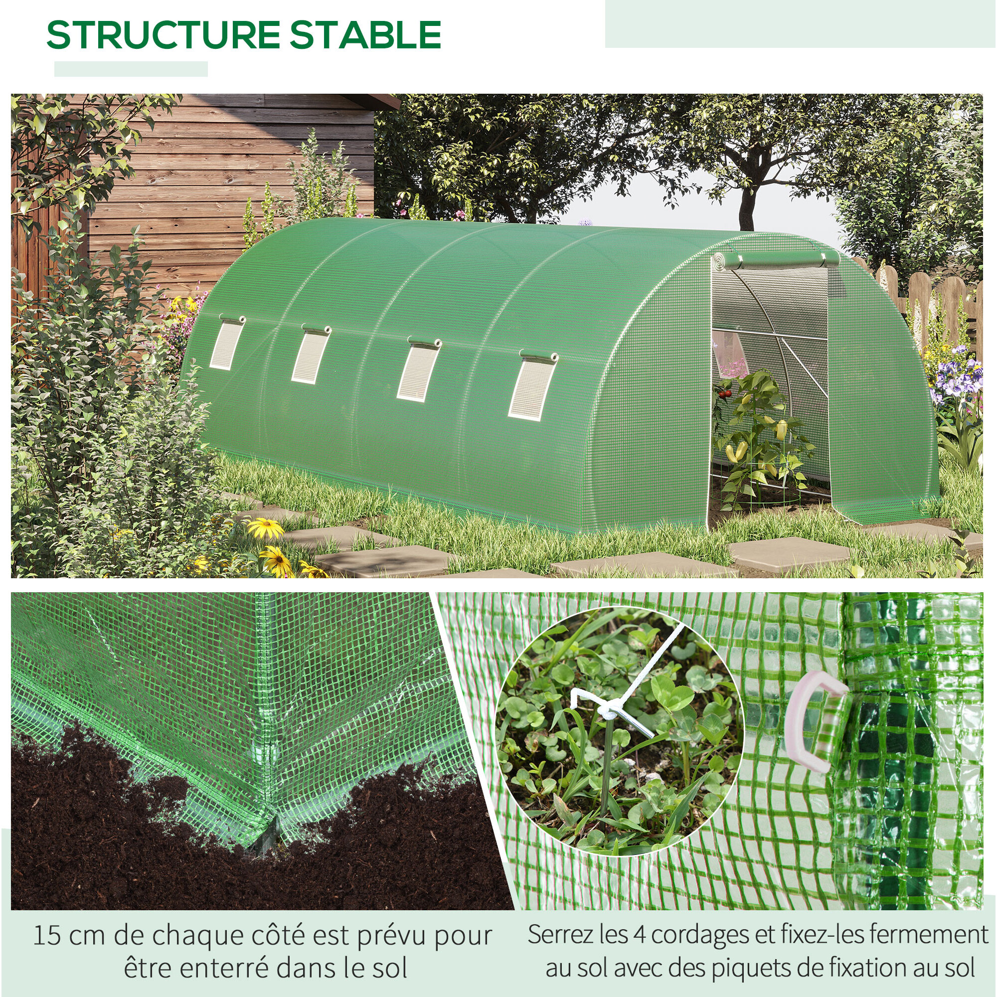 Serre de jardin tunnel 18 m² dim. 6L x 3l x 2H m - 8 fenêtres, porte zippée enroulable - châssis tubulaire acier galvanisé, bâche PE haute densité vert