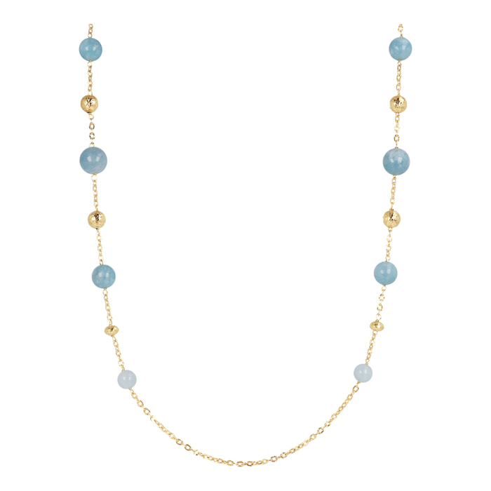 Collana Lunga in Argento 925 Placcata Oro Giallo 18kt con Sfere Golden e Pietre Naturali Quarzo Celeste