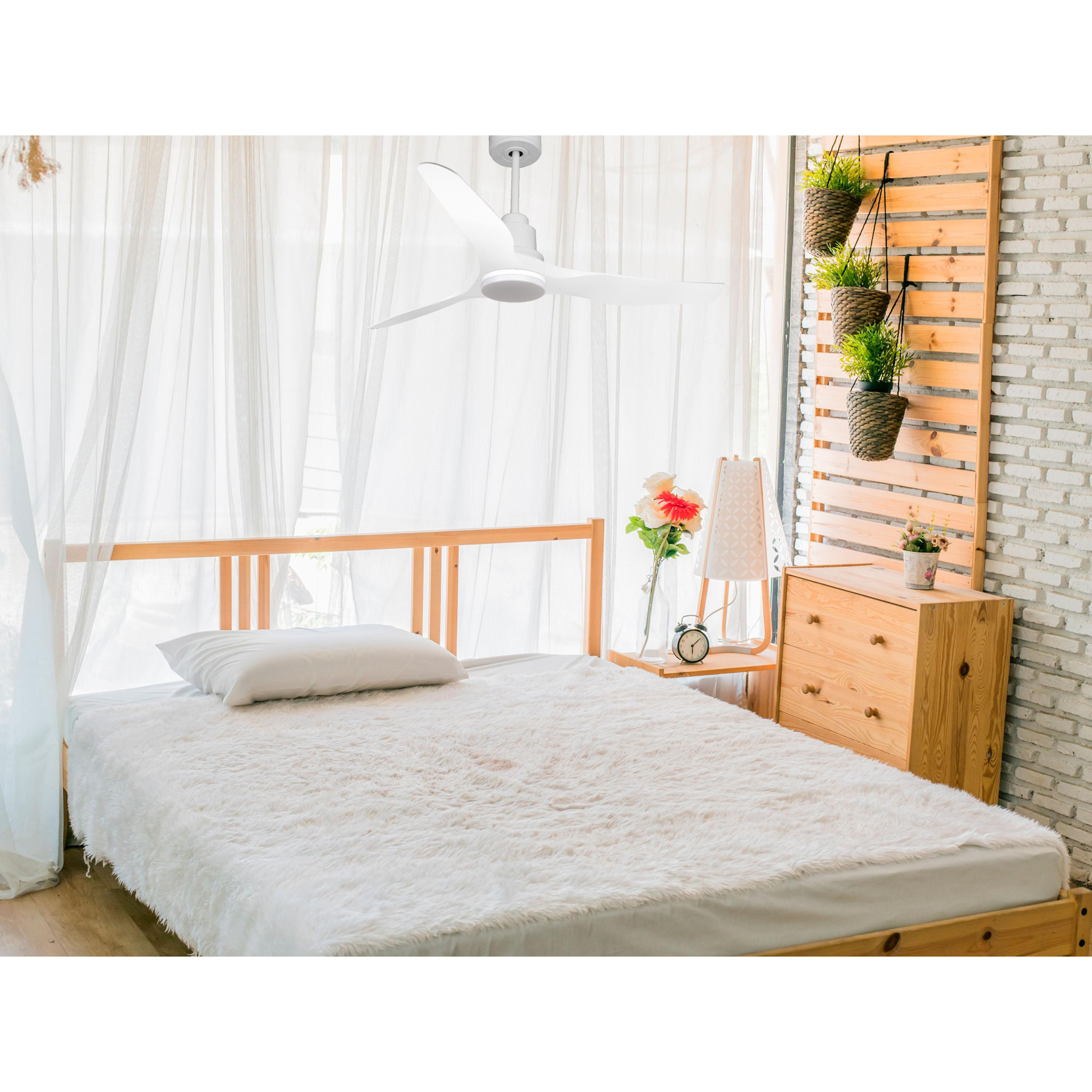 Ventilateur de plafond Réversible  Thermostat Dimmable Wifi Moteur à courant continu Toits en pente Télécommande Lumière à trois tons Adaptateur 2/3 Lames