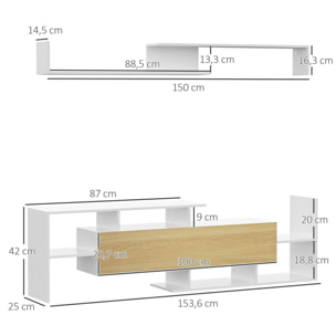 HOMCOM Mueble de Salón para TV Conjunto Muebles de TV con Mesa para Televisor 153,6x25x42 cm y Estante de Pared 150x14,5x16,3 cm Blanco y Natural