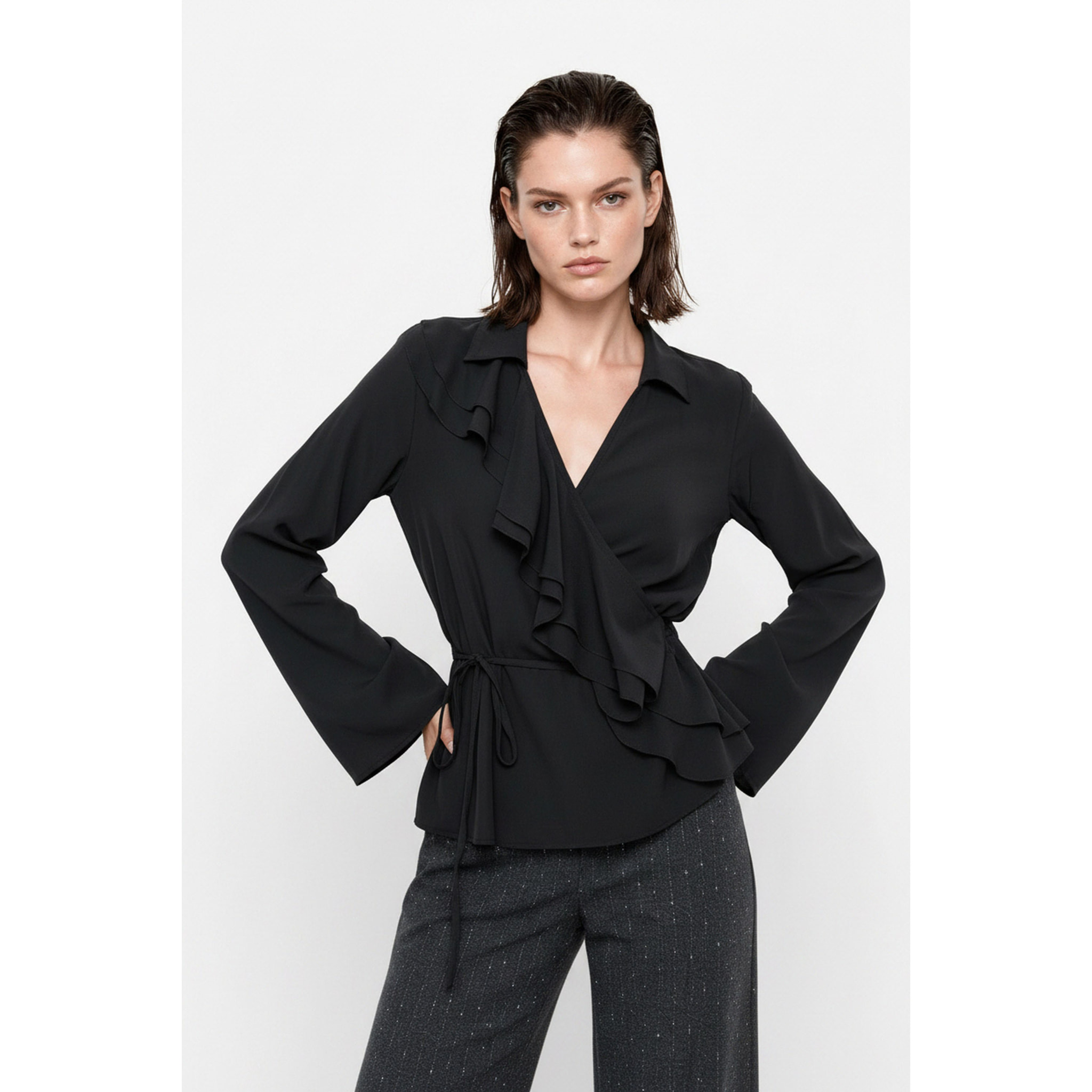 Kocca - Blusa a portafoglio in viscosa con scollo a V e ruches Donna