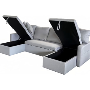 ELLA - Canapé panoramique convertible 4 places en tissu avec coffre - gris clair