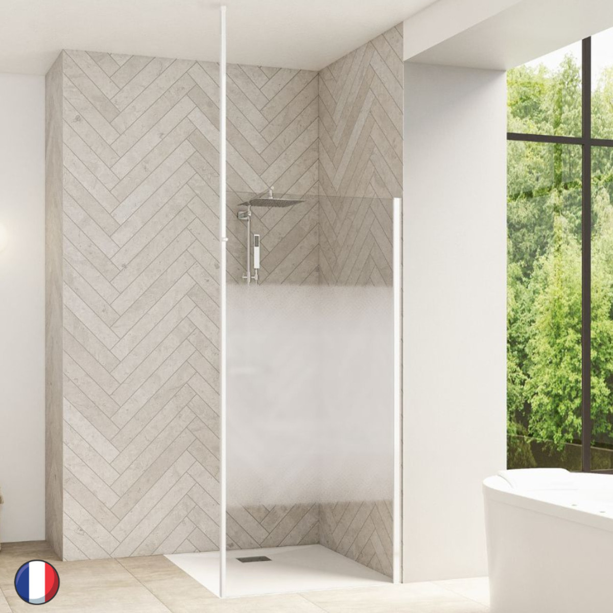 KINEDO Paroi de douche fixe Smart Design solo verre sérigraphie Cosmos avec mât 198,3 x 140 blanc