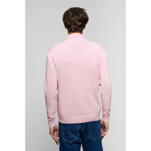 Maglione basic rosa con cerniera e logo ricamato tono su tono