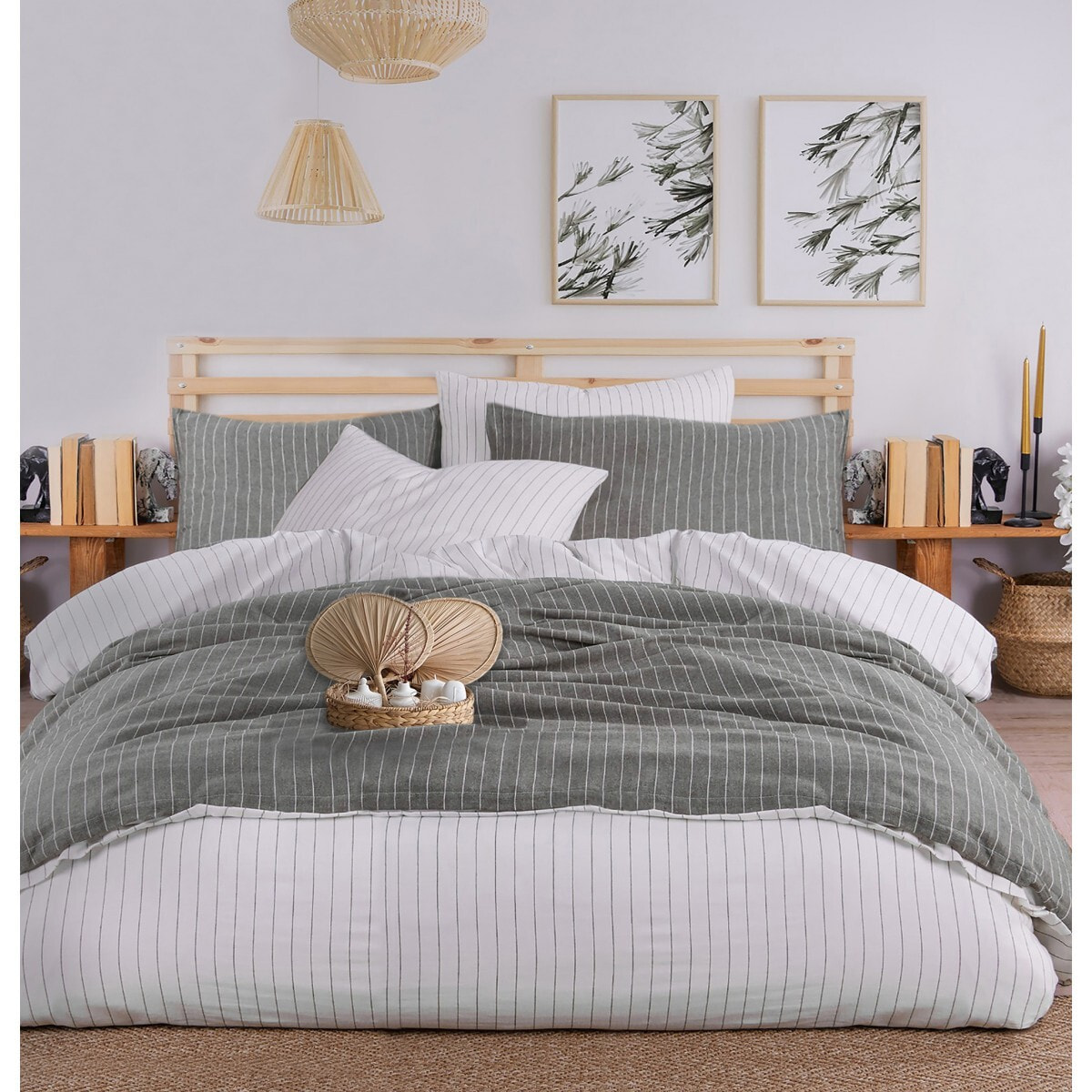 Parure de lit 100% coton tisse teint Kaki