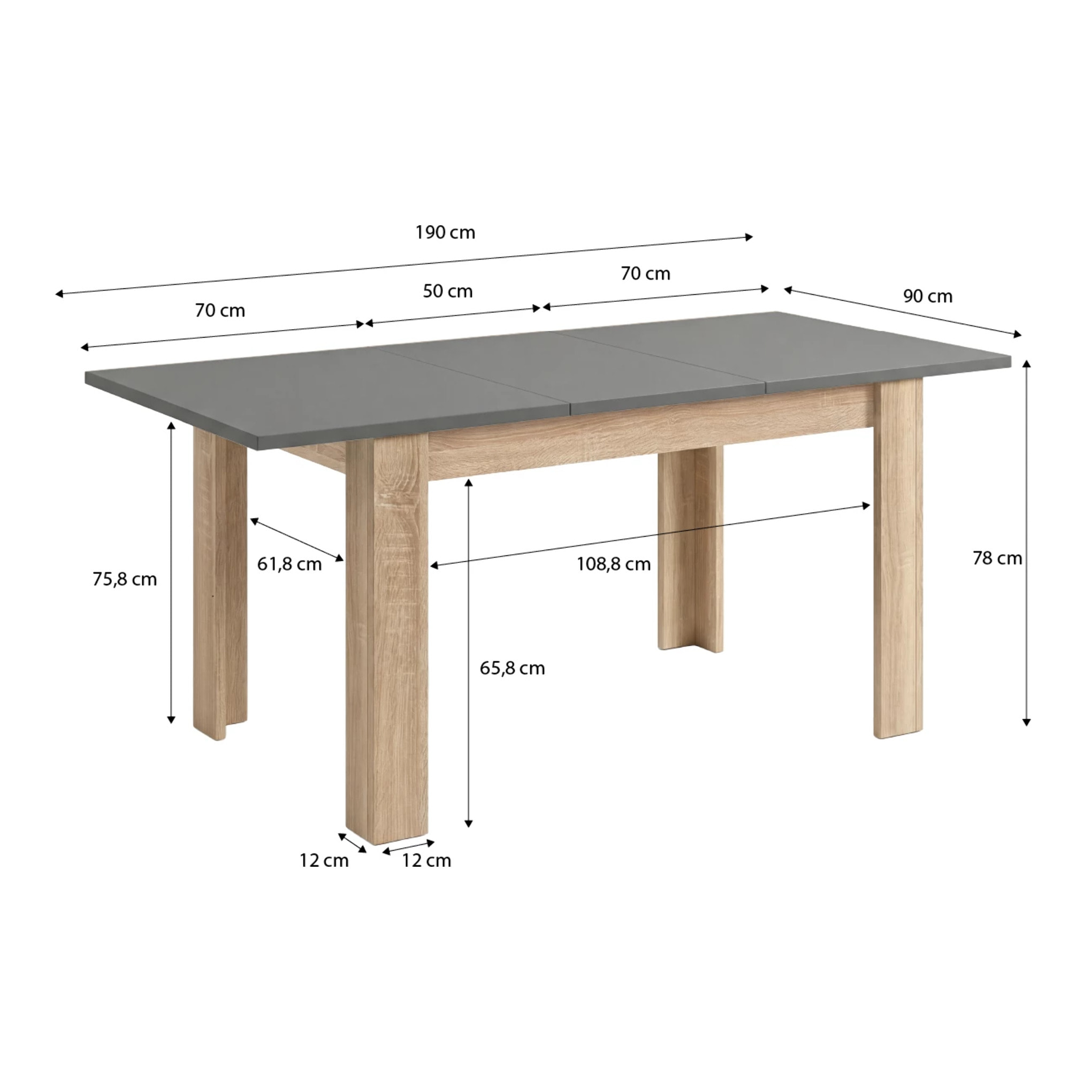 Mesa de comedor extensible en roble canadian y gris grafito 140-190x90 cm Sira Roble Canadian - Gris Grafito