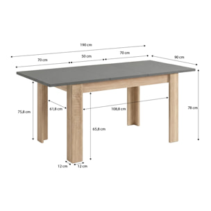 Mesa de comedor extensible en roble canadian y gris grafito 140-190x90 cm Sira Roble Canadian - Gris Grafito