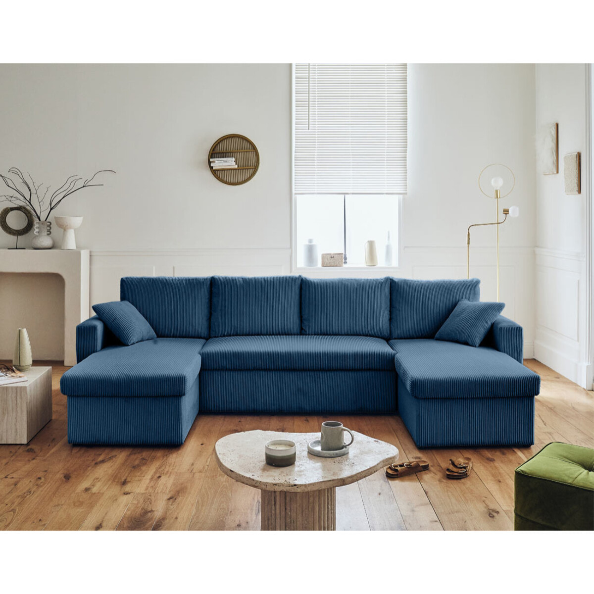 Cyrus - canapé panoramique en U - 7 places - convertible avec coffre - en velours côtelé - Bleu