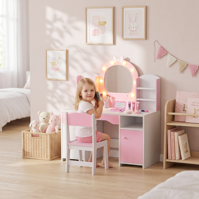 AIYAPLAY Tocador de Maquillaje Niña con Espejo de LED de 2 Colores, Taburete, 2 Armarios, Cajón, Estantes, Compartimento Abierto, Tocador Infantil para Niños 3-8 Años, para Habitación Infantil, Rosa