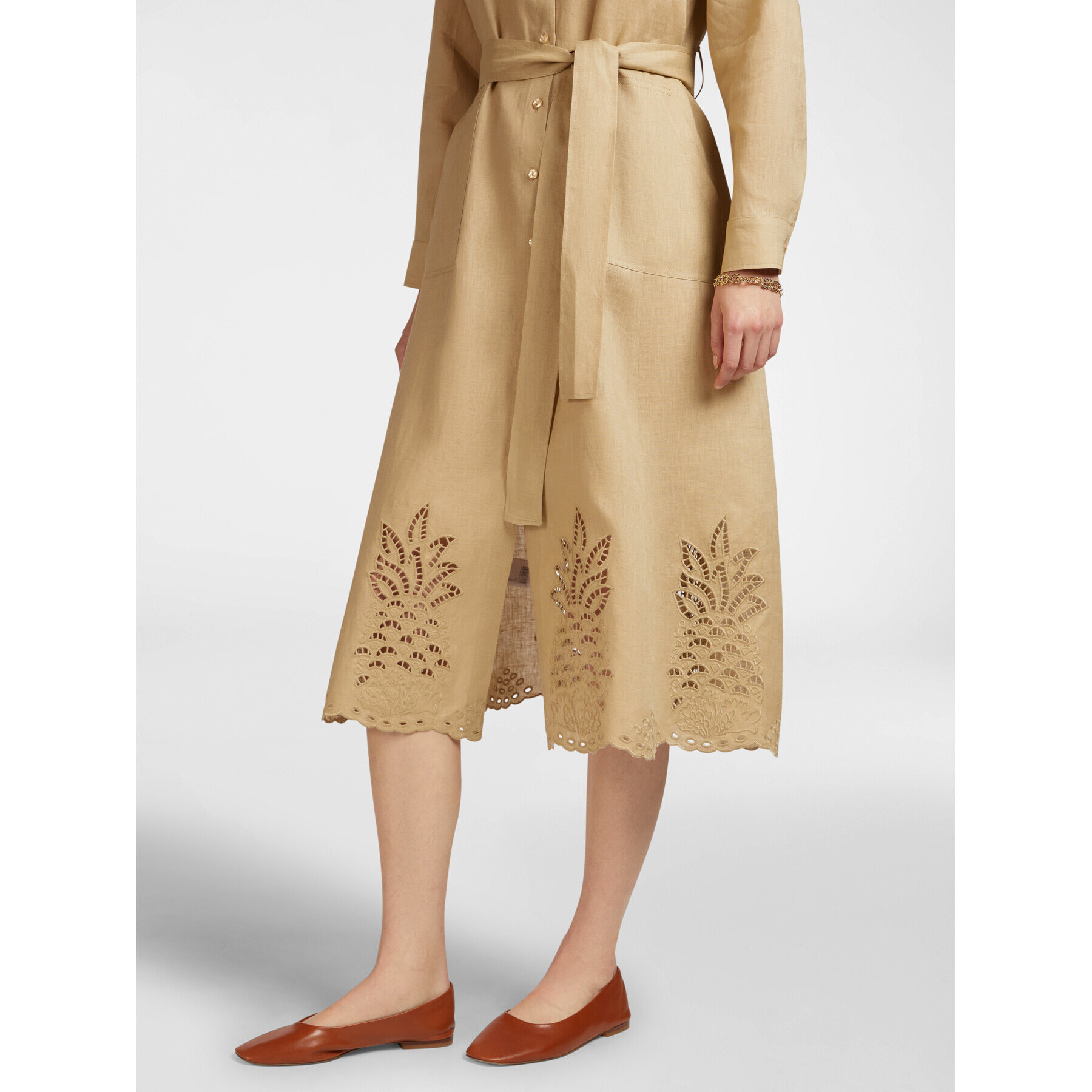 Elena Mirò - Vestido de lino con bordado en el bajo - Beige