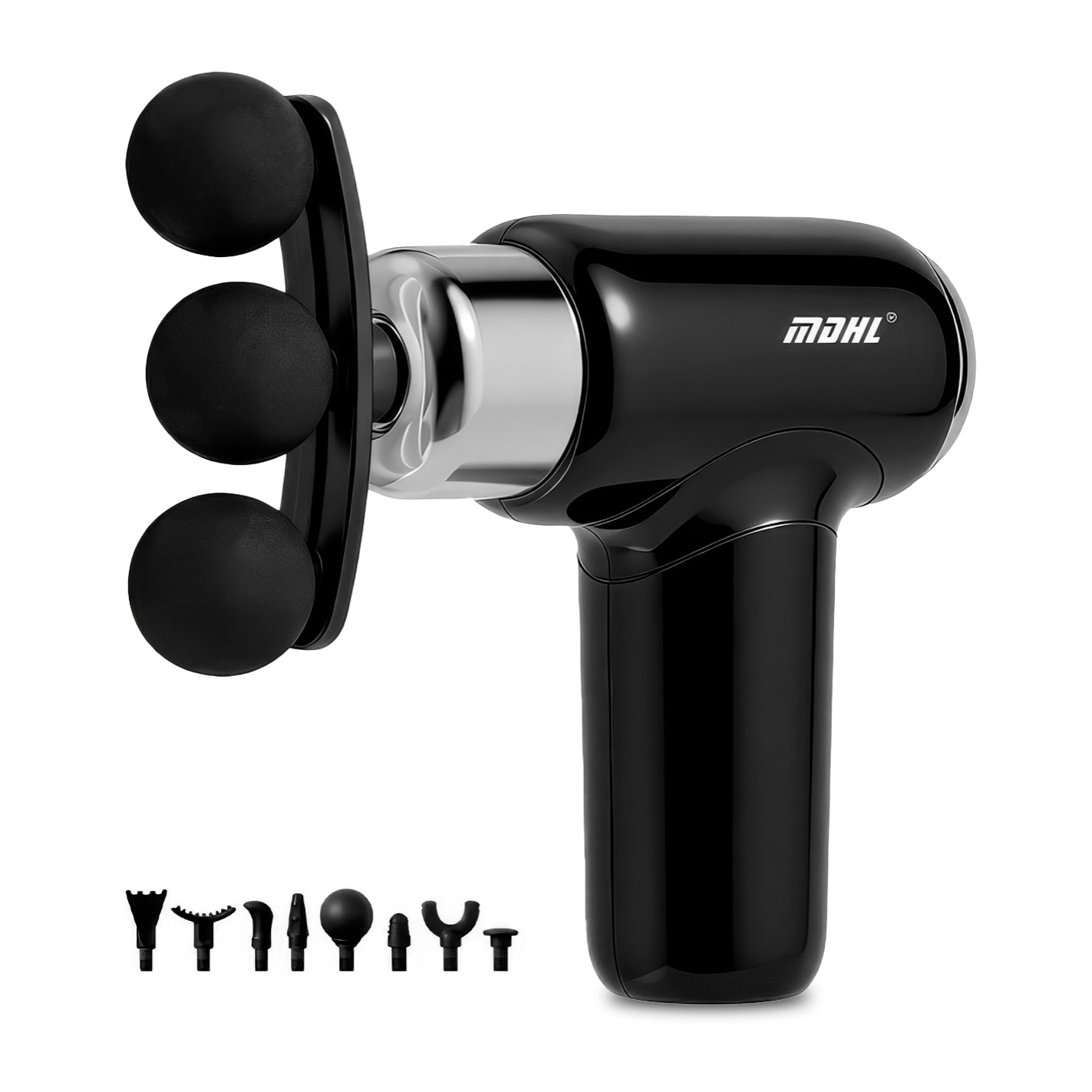 Pistola de masaje fascia MD-XY-12 con 6 velocidades, batería de 1200 mAh. Incluye 9 cabezales intercambiables.