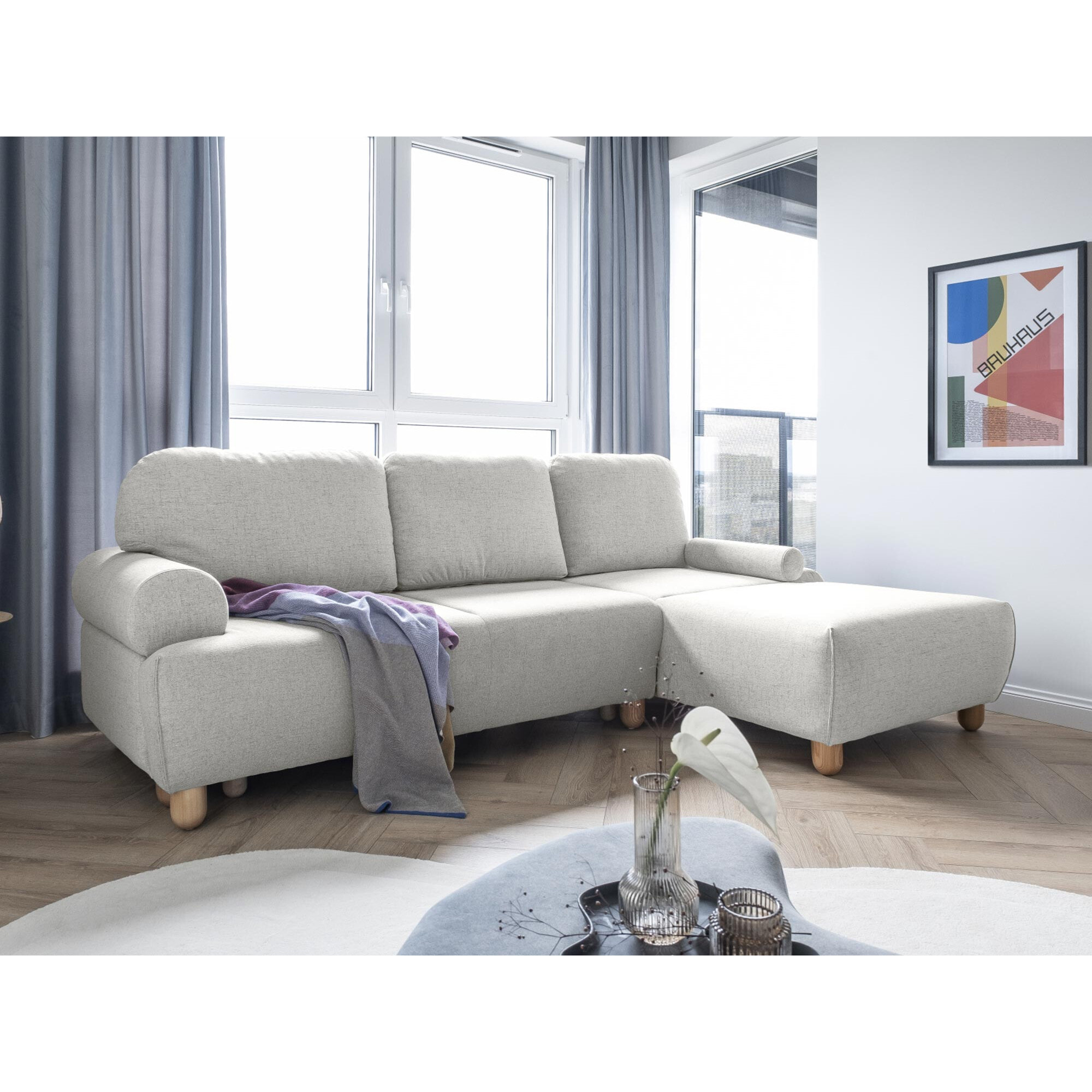 Olli - canapé d'angle droit - convertible - avec coffre - 4 places - en tissu - Beige
