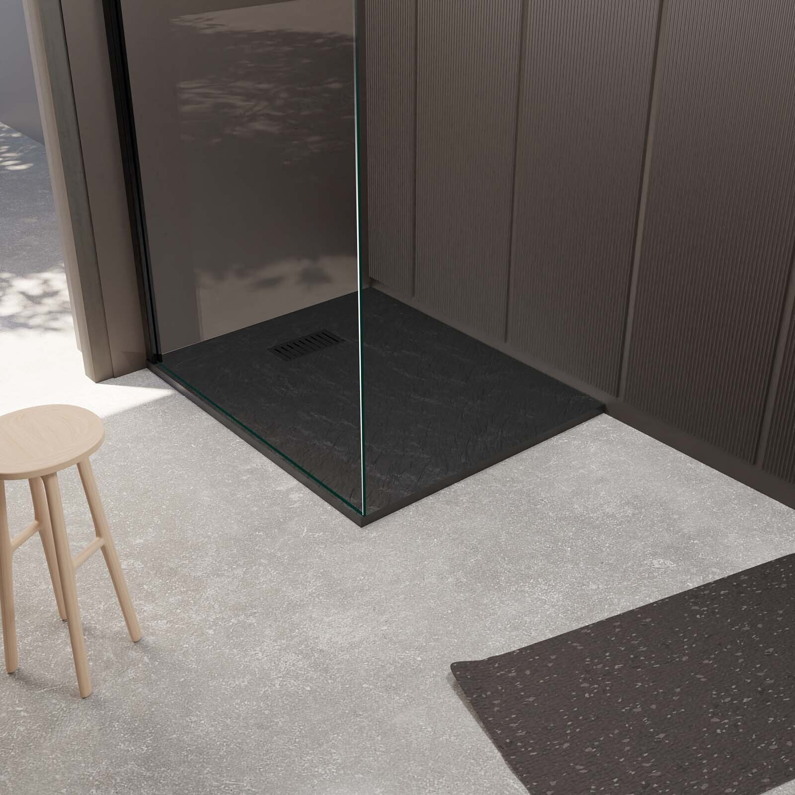 Receveur de douche Noir Effet Pierre 80x100 cm et Grille décor Linéaire Noire Mate