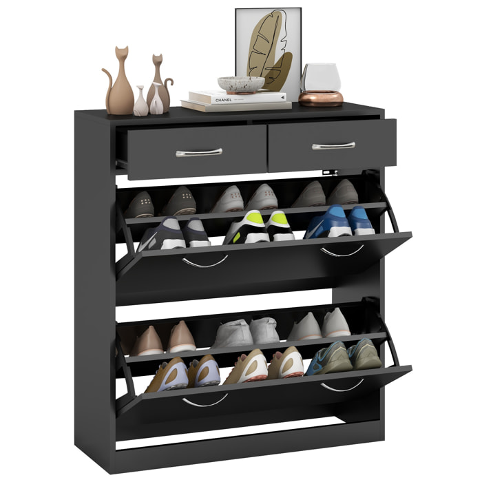 Mueble Zapatero Estrecho Zapatero Entrada Recibidor con 2 Cajones Abatibles y 2 Cajones Extraíbles para 12 Pares de Zapatos para Pasillo 80x30x91,5 cm Negro