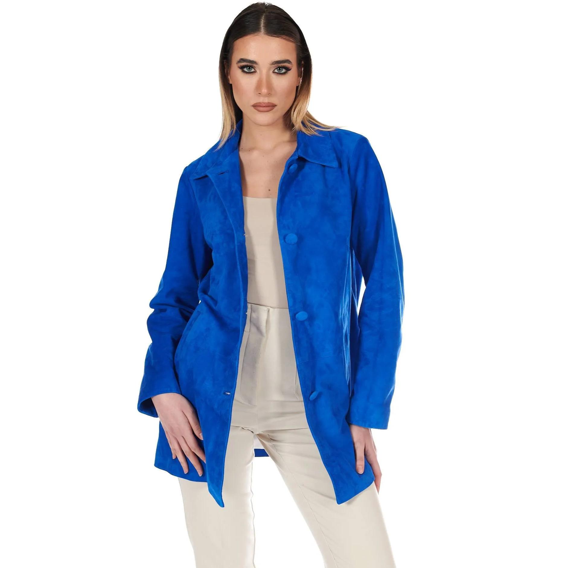 Giacca in pelle camoscio bluette monopetto versione oversize