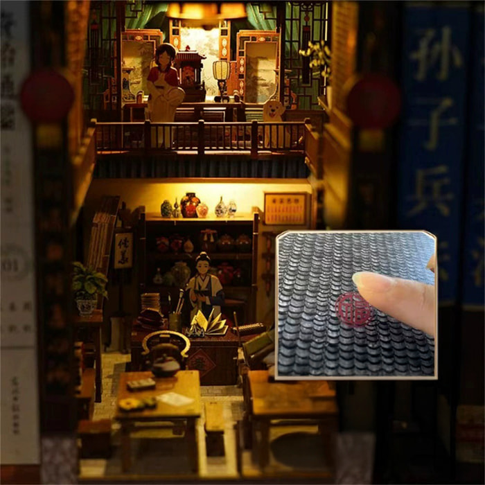 Un sogno di Jianghu. Book Nook in legno, design 3D realistico con grande dettaglio, copertura e luci led.