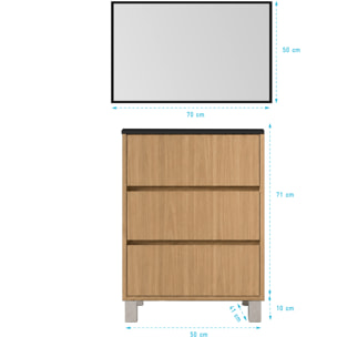 Meuble de Salle de Bains 50cm 3 tiroirs Chêne Clair, Vasque Noire et Miroir Cadre Noir 50x70 XENOS