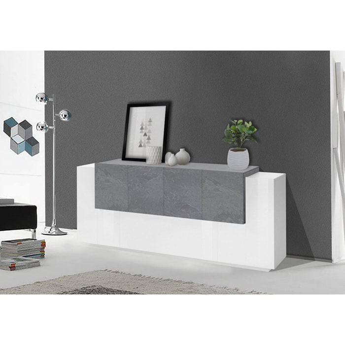 Credenza moderna a 7 ante, Made in Italy, Madia da cucina, Buffet di design da soggiorno, cm 200x45h86, colore Bianco lucido e Grigio Ardesia