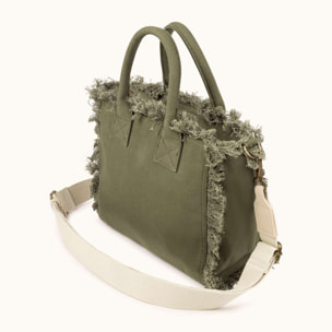 Bolso Bandolera Caqui de Algodón Reciclado con Flecos y Bordado Rosa SCUBA KHAKI CROSSBODY