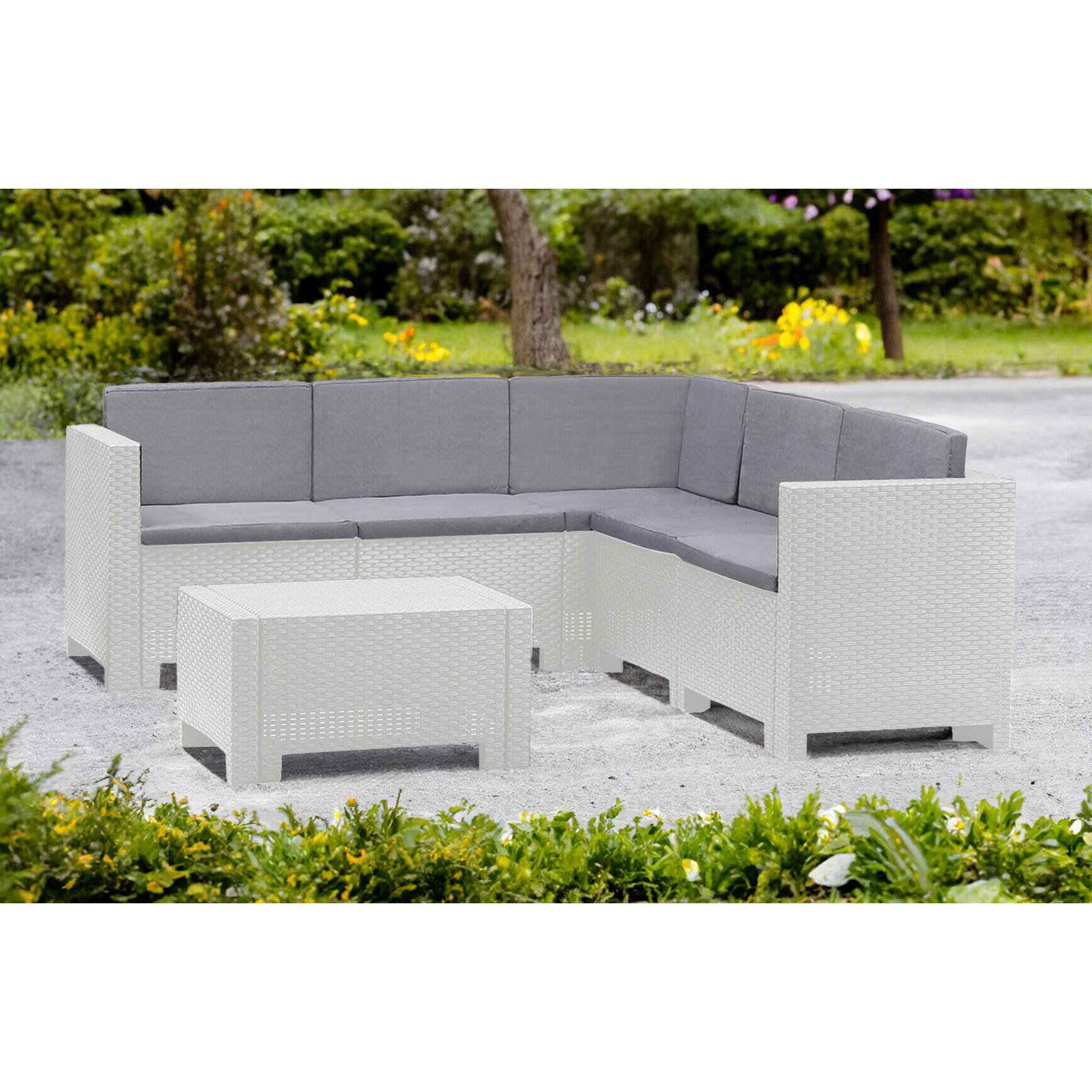 Set salotto da esterno Camerota, Salottino outdoor, Set da balcone o giardino, Composizione soggiorno per esterni, Made in Italy, Bianco