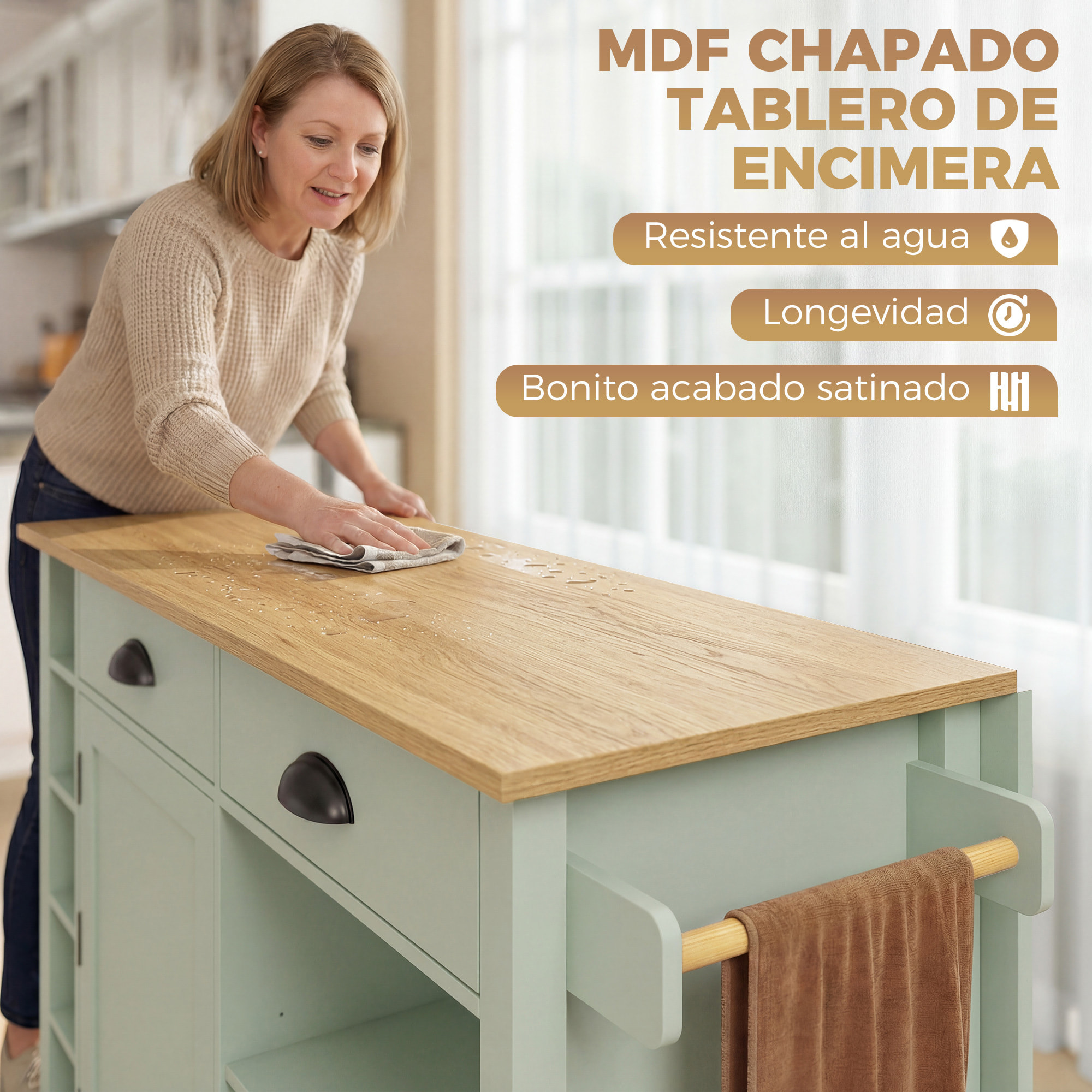 Isla de Cocina con Tablero Plegable y Ruedas, Mueble Auxiliar de Cocina con Especiero, Toallero, Armario, 2 Cajones, Estantes Abiertos, 117,5x70x91 cm, Verde Claro